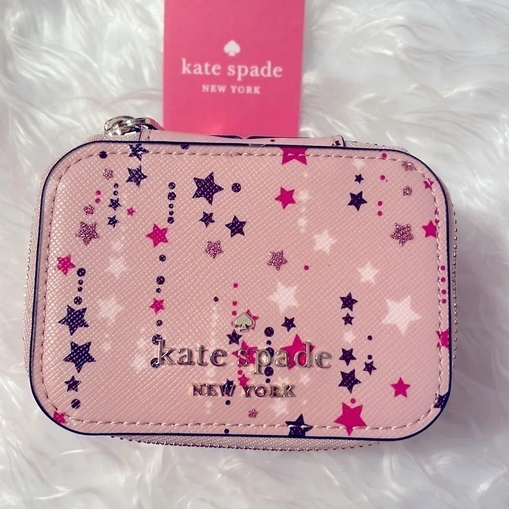 Brand New Kate Spade Genuine Leather Pink Stars Zippered Travel Jewelry Box